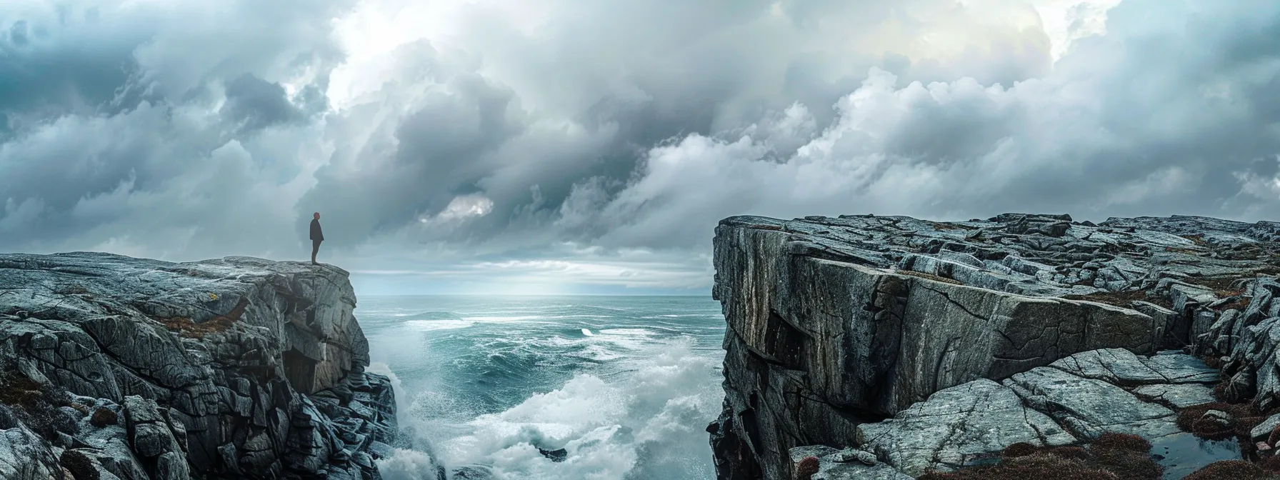 a person standing on a rocky cliff, with storm clouds on one side and clear skies on the other, symbolizing the emotional extremes of bipolar disorder.