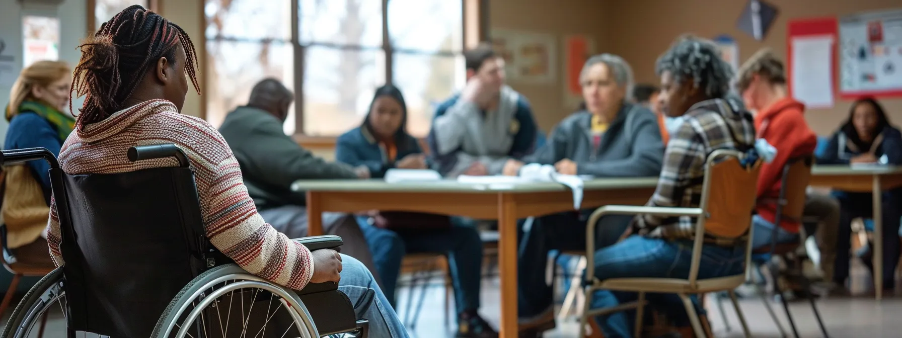 a diverse group of individuals with developmental and intellectual disabilities engaged in a therapy session at a community center, surrounded by supportive mental health professionals and educational resources.