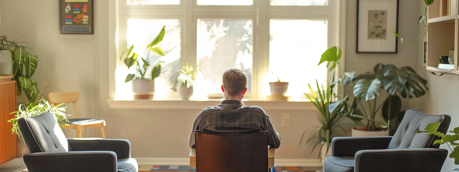 a veteran sitting in a therapist's office, surrounded by calming decor, engaging in emdr therapy to process traumatic experiences and reclaim control over their life post-service.