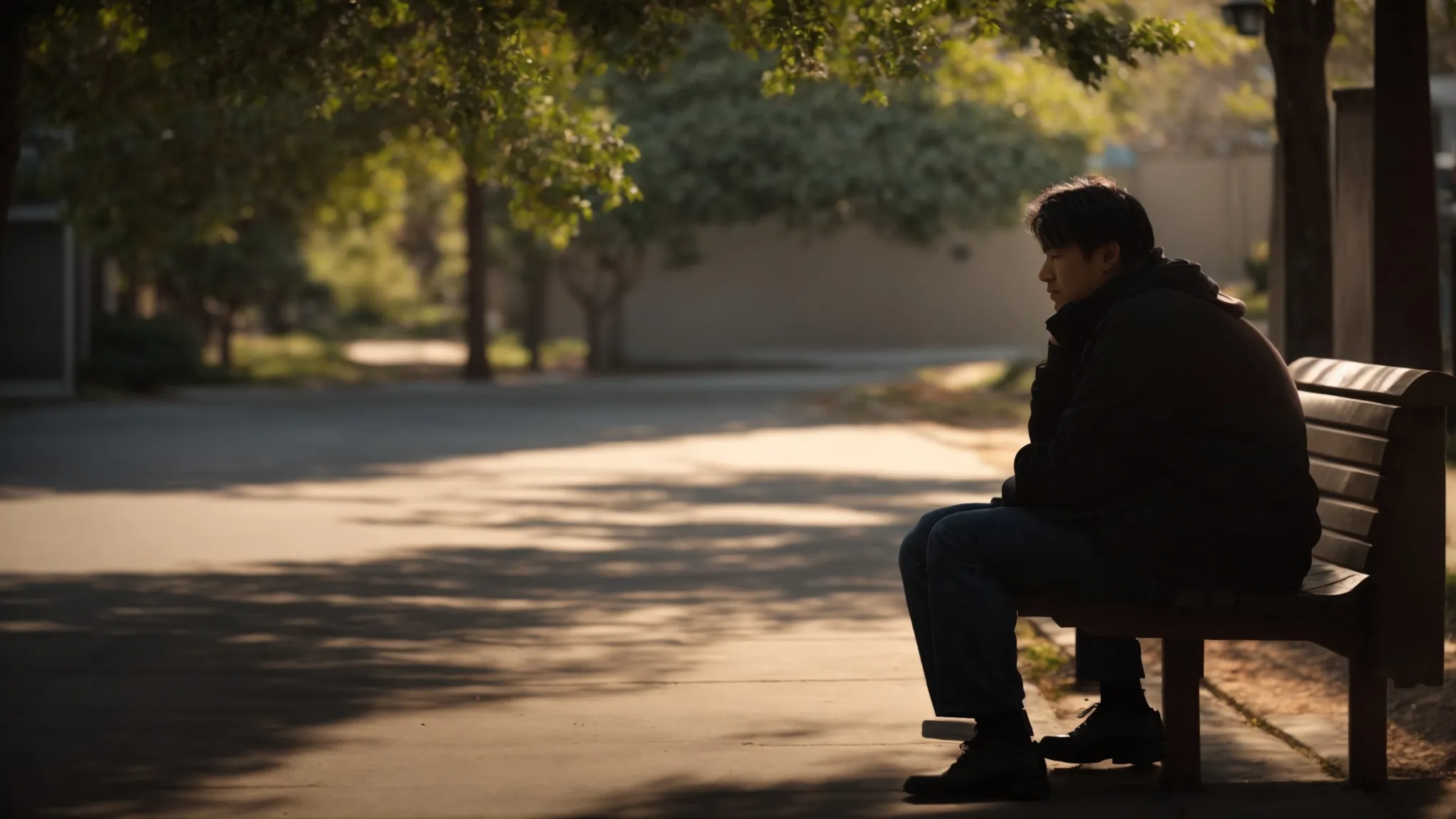 a somber adult sitting alone on a bench, lost in thought, surrounded by shadowy memories of childhood trauma.