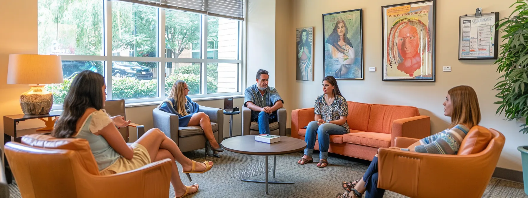 individuals engaging in group therapy sessions in a welcoming and supportive outpatient addiction treatment center.