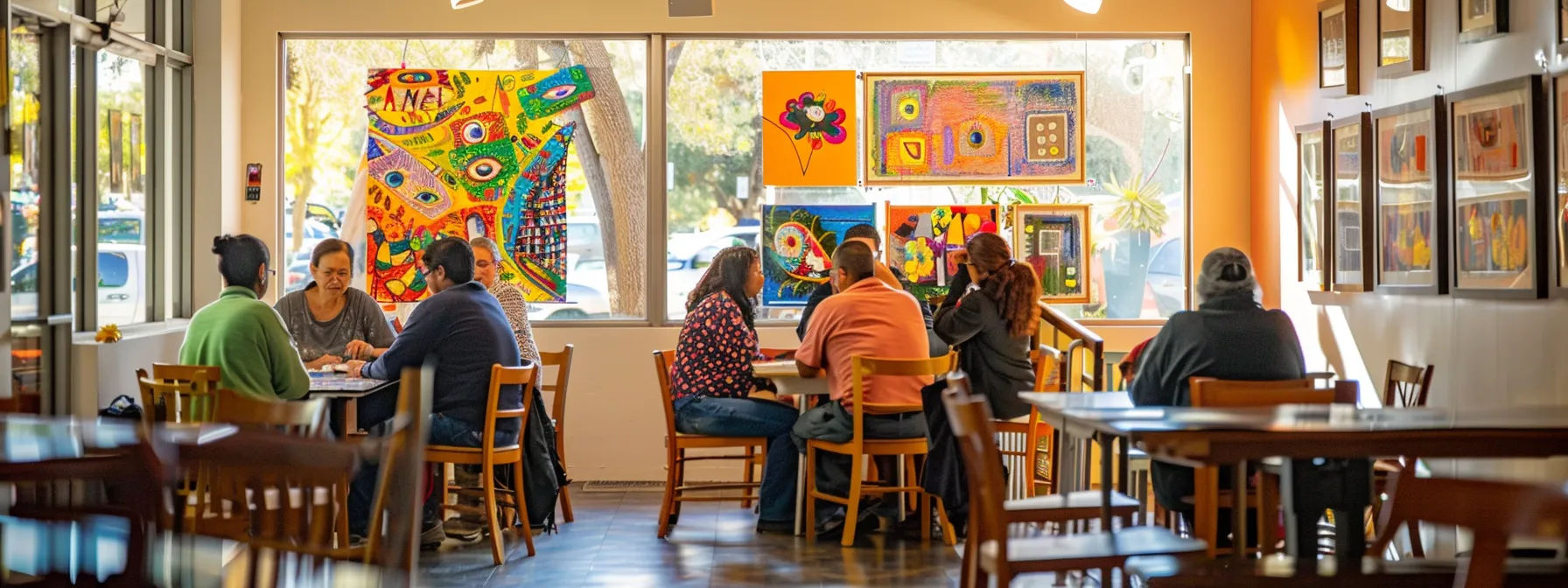 a diverse group of individuals engage in art therapy at a welcoming community center, surrounded by colorful artwork and soothing decorations aimed at promoting emotional well-being.