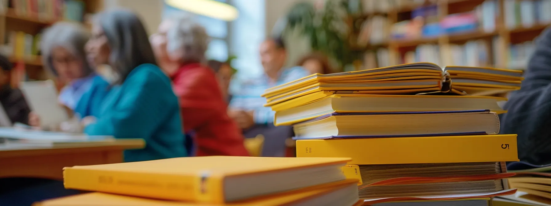 a stack of informative books and brochures on bipolar disorder, surrounded by a supportive community group meeting.