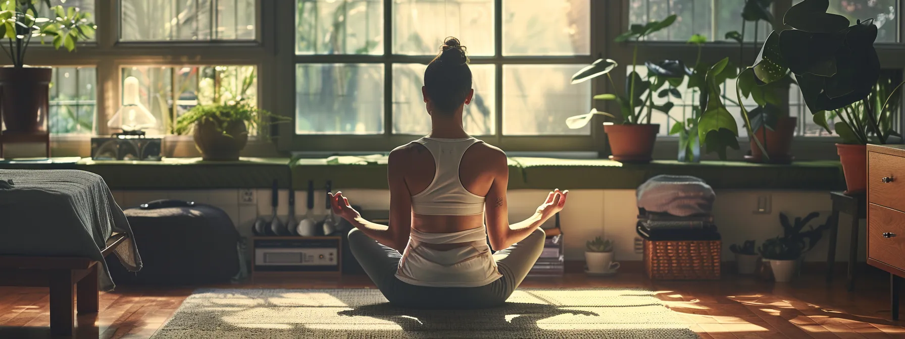 a person following a structured daily routine, exercising in a well-organized home gym, preparing a healthy meal, and practicing mindfulness meditation in a serene setting.