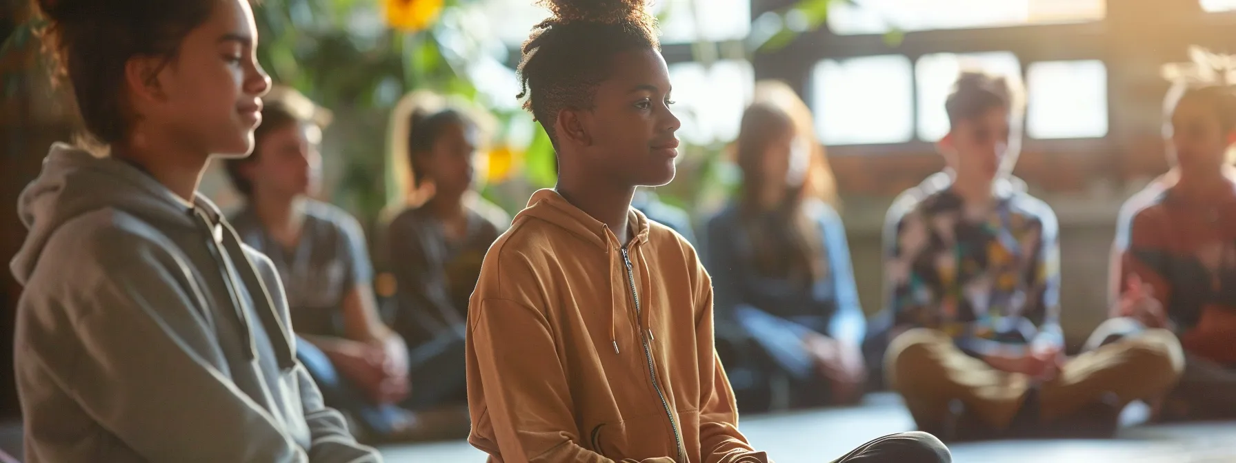a group of diverse teenagers participating in a mindfulness workshop at a vibrant community center.