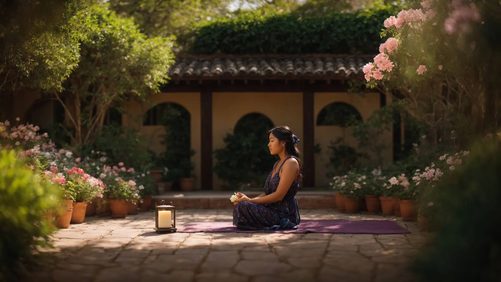 a person sitting peacefully in a serene garden, surrounded by blooming flowers and meditative decor, embodying self-care on their healing journey.