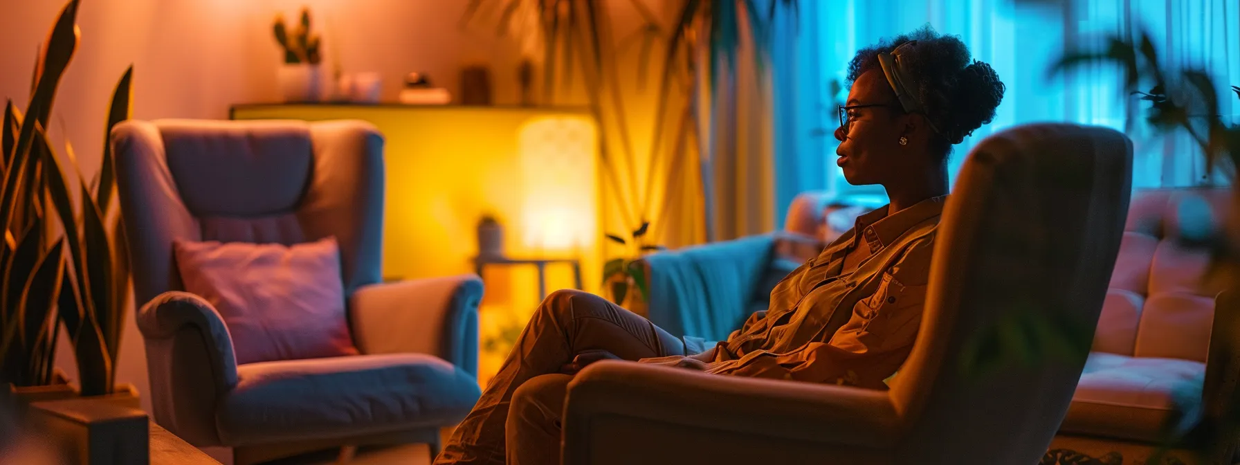 a person sitting in a cozy therapy office, surrounded by calming colors and soft lighting, engaged in a deep conversation with a supportive therapist.