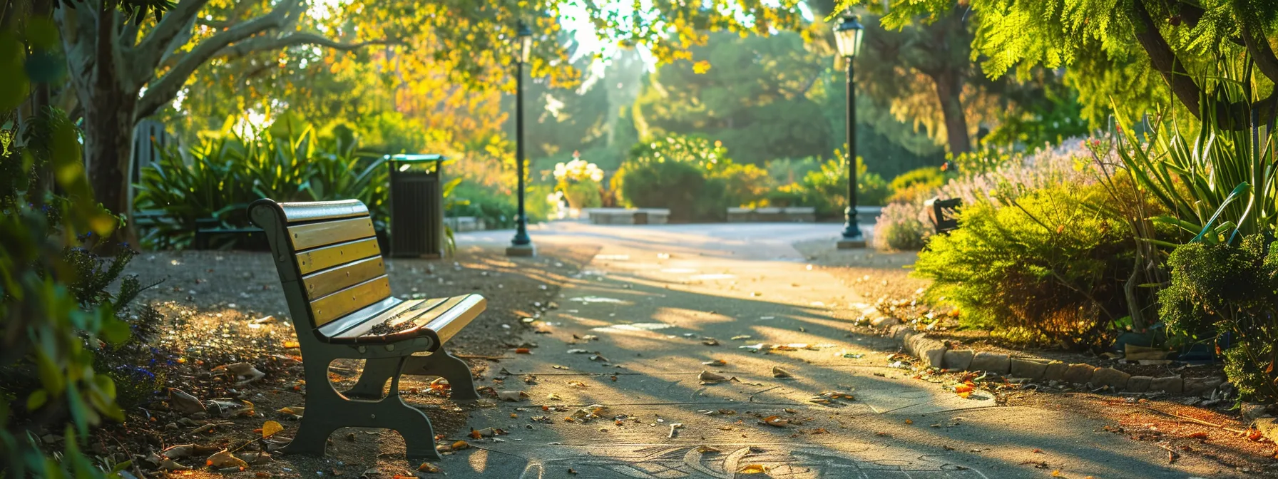 a serene outdoor setting with a tranquil garden and a sign pointing towards a reputable outpatient drug treatment center.
