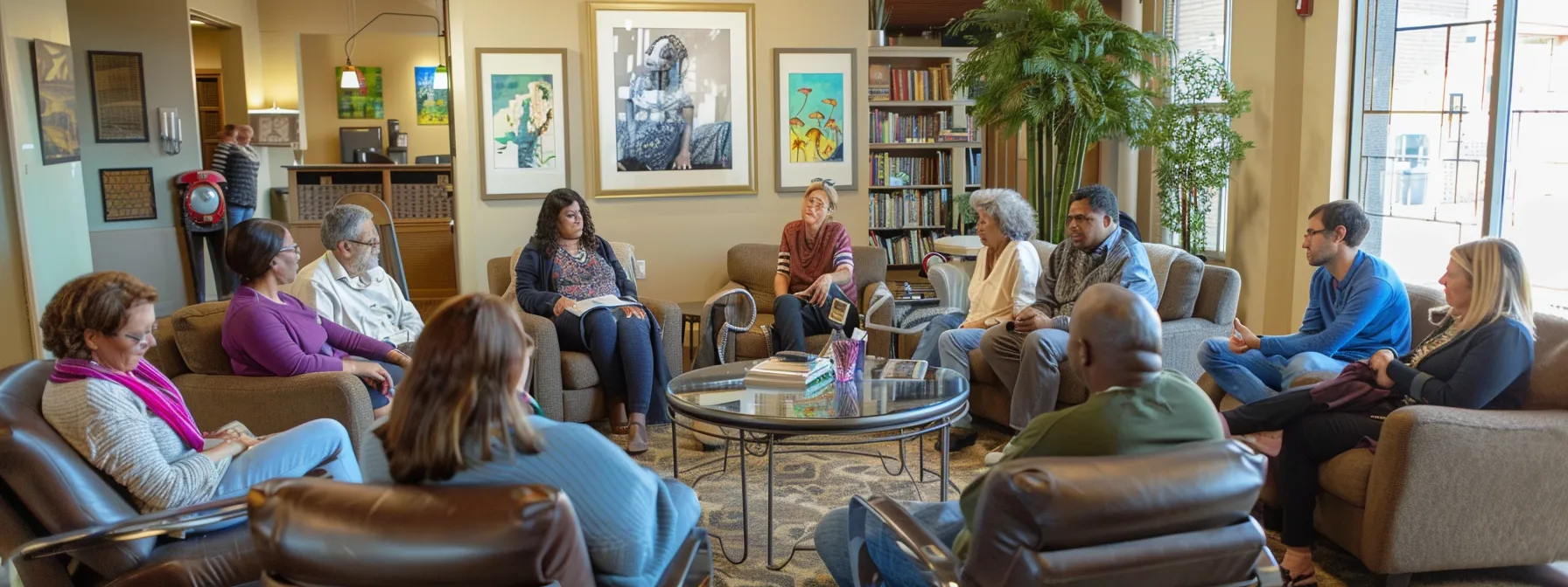 a diverse group of individuals engage in a supportive group counseling session, fostering communal healing in an intensive outpatient program.