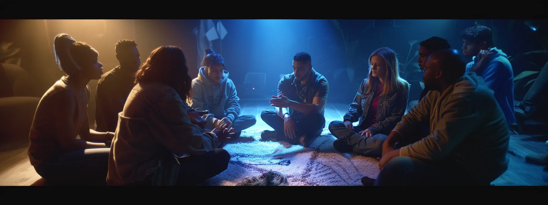 a group of diverse individuals sitting in a circle, engaged in a heartfelt conversation, offering support and understanding to one another.