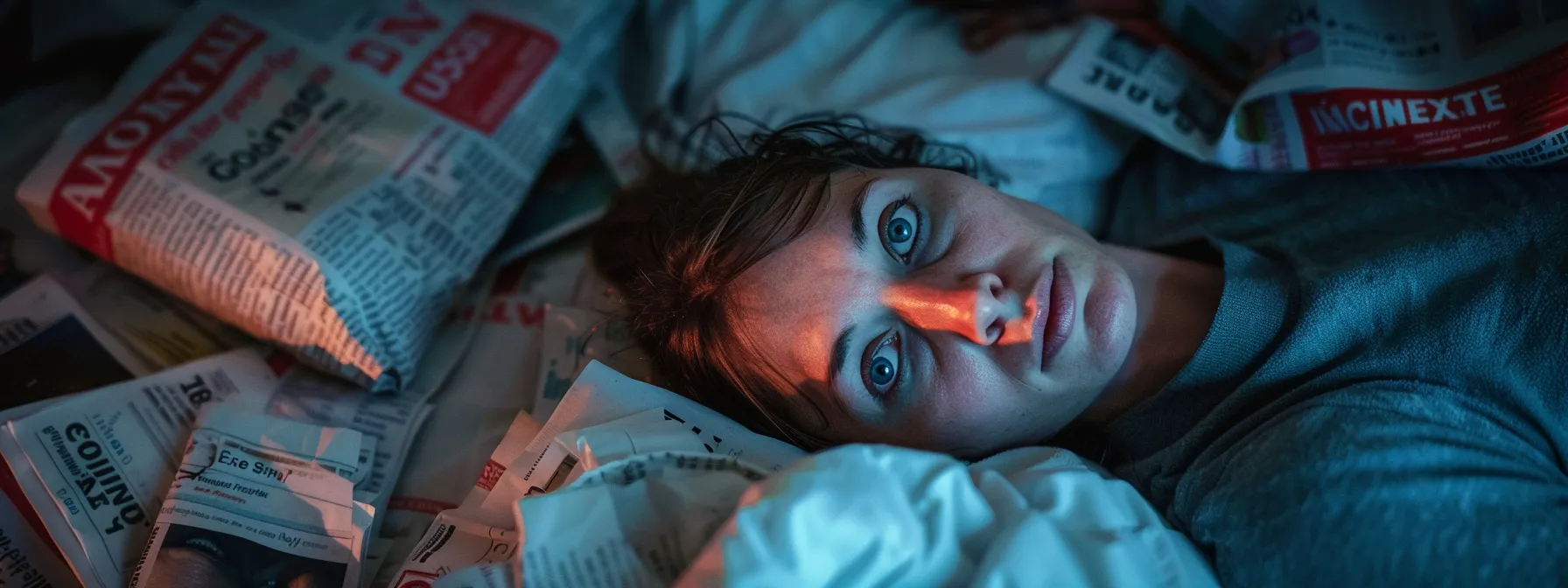 a person lying awake in bed, eyes wide open, surrounded by newspapers and election posters, with a look of deep concern and anxiety on their face.