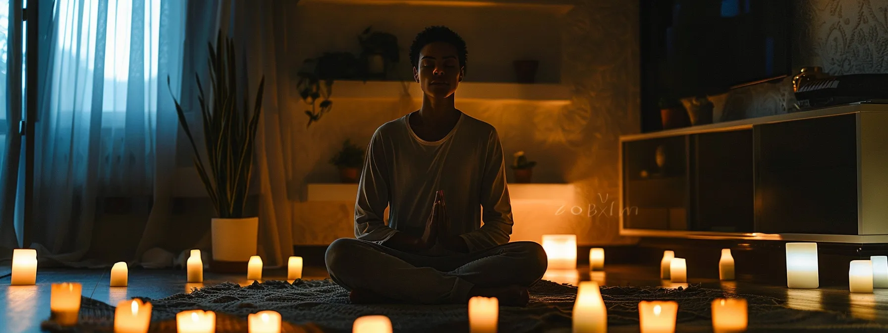 a person sitting cross-legged in a peaceful room, eyes closed, surrounded by candles and soft light, practicing deep breathing for mindfulness to reduce election anxiety.