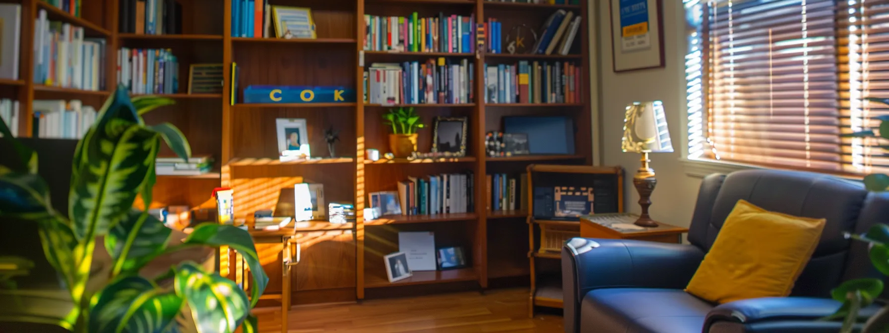 a serene therapist's office with a bookshelf filled with mental health books from