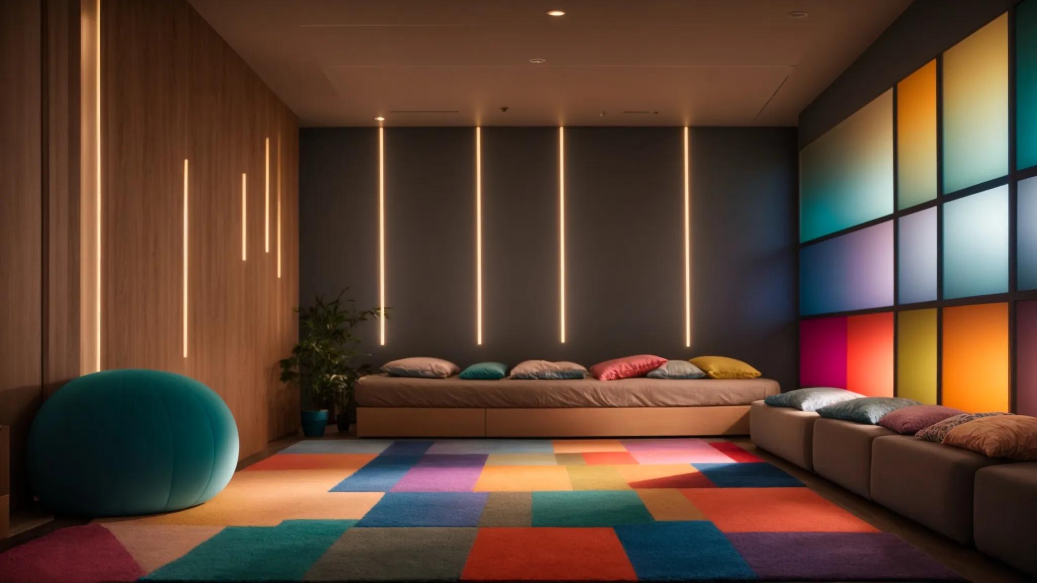 a serene and inviting sensory room bathed in soft, calming light, featuring textured materials and vibrant colors designed to create a supportive environment for individuals with autism spectrum disorder.