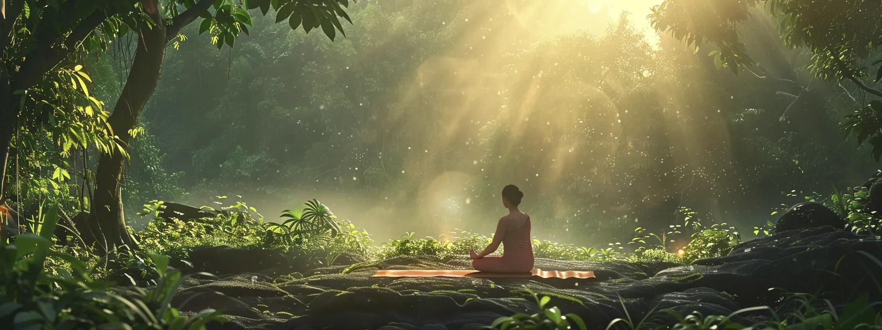 a serene landscape with a peaceful figure practicing mindfulness on a tranquil yoga mat surrounded by lush greenery, bathed in soft morning light, symbolizing the journey to better wellness through stress management techniques.