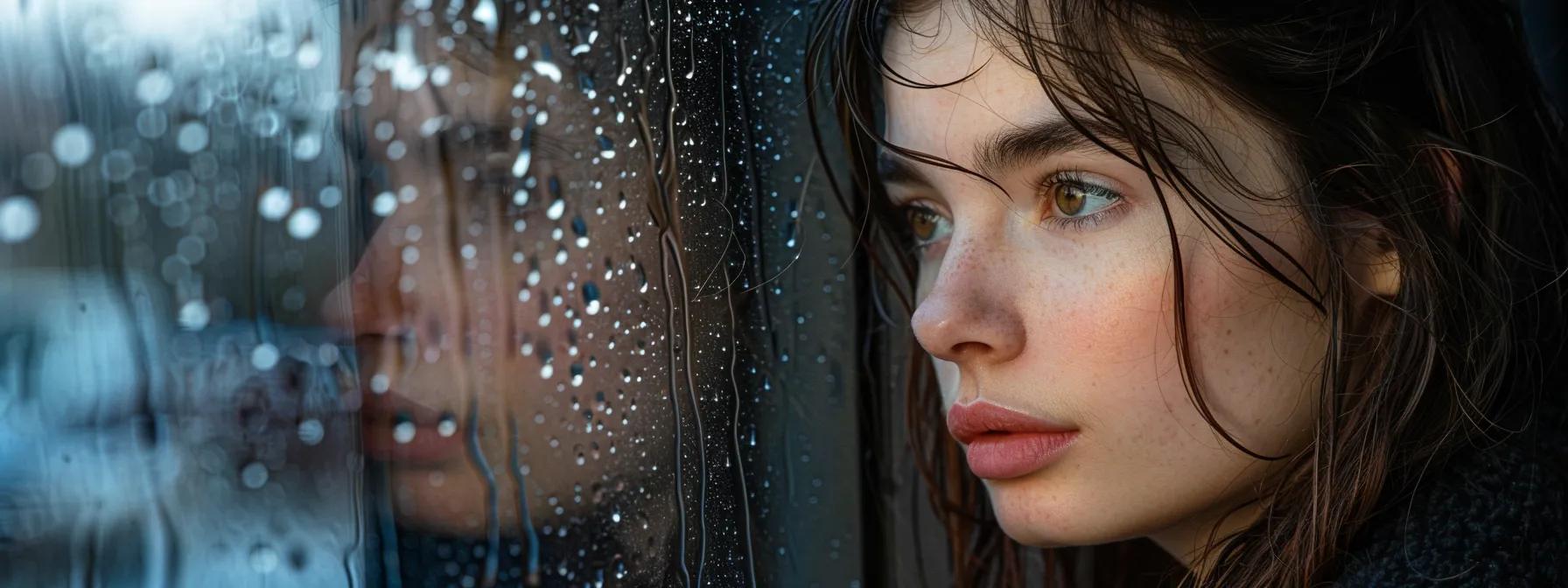 a somber yet captivating portrait of a woman gazing out of a rain-drenched window, her expression reflecting the emotional turmoil of bipolar disorder, with soft, diffused light enhancing the melancholic atmosphere.