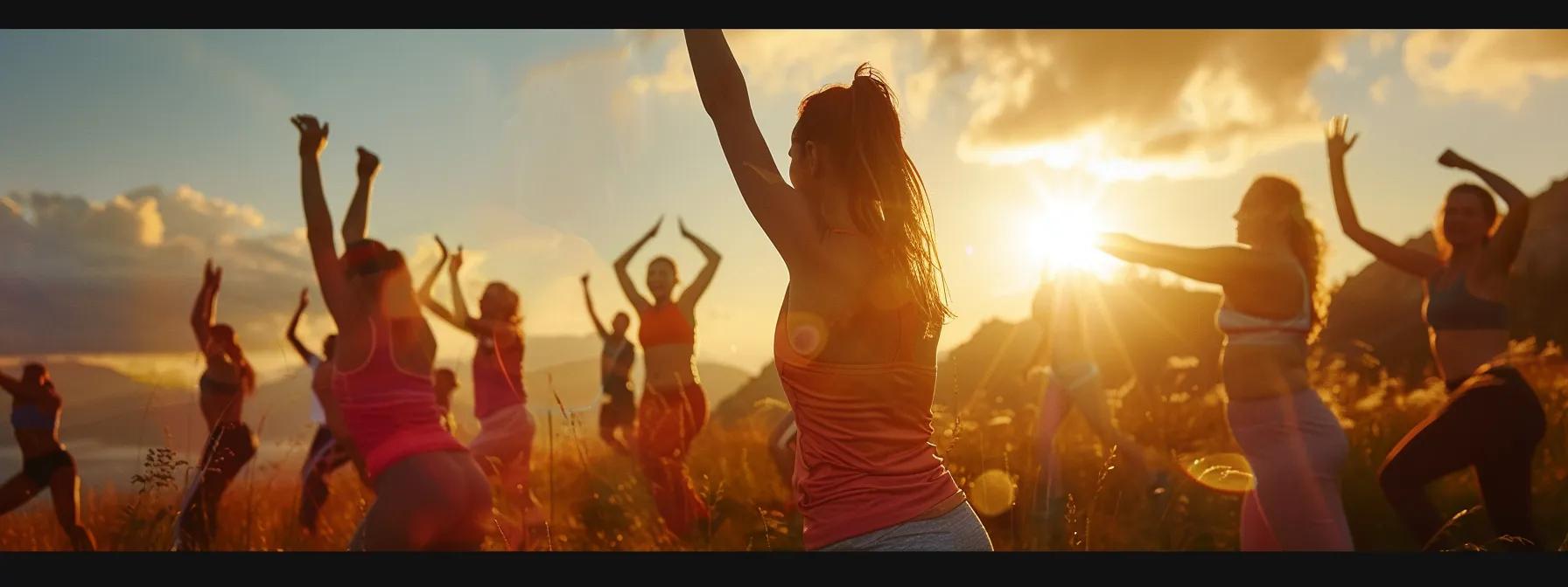 a vibrant outdoor scene captures a diverse group of individuals engaged in various forms of exercise, with smiles and energized expressions, set against a bright sunrise that symbolizes the uplifting benefits of physical activity on mental health.