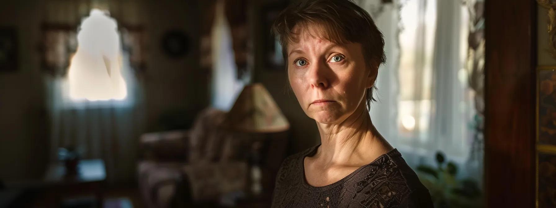 a woman stands in a softly lit room, her face reflecting a mix of somber contemplation and fleeting hope, symbolizing the profound emotional journey of navigating bipolar ii disorder.