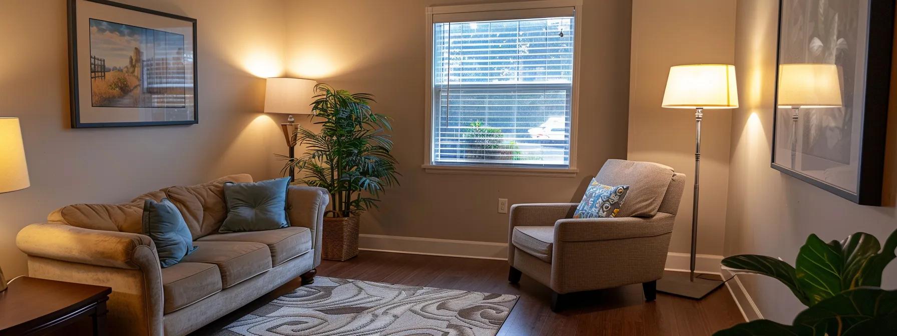 a contemporary therapy office, featuring a warm, inviting atmosphere with comfortable furniture and calming decor, where a client engages in erp exposure techniques, highlighting the psychological transformation associated with overcoming ocd.