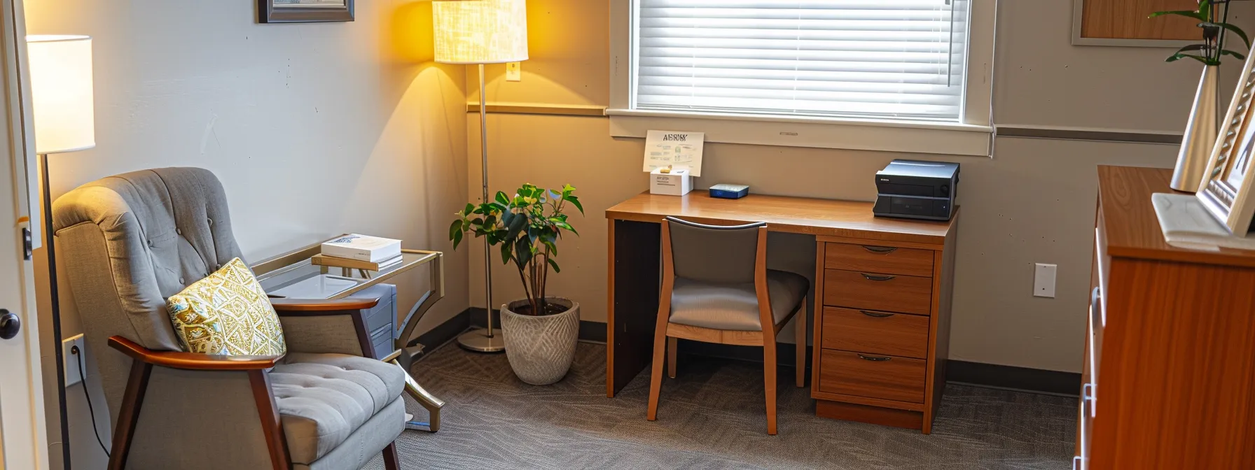 a cozy, well-lit therapy room features a comfortable chair facing a serene, minimalist desk where two engaged adults converse openly, reflecting a supportive atmosphere for a first mental health clinic visit.