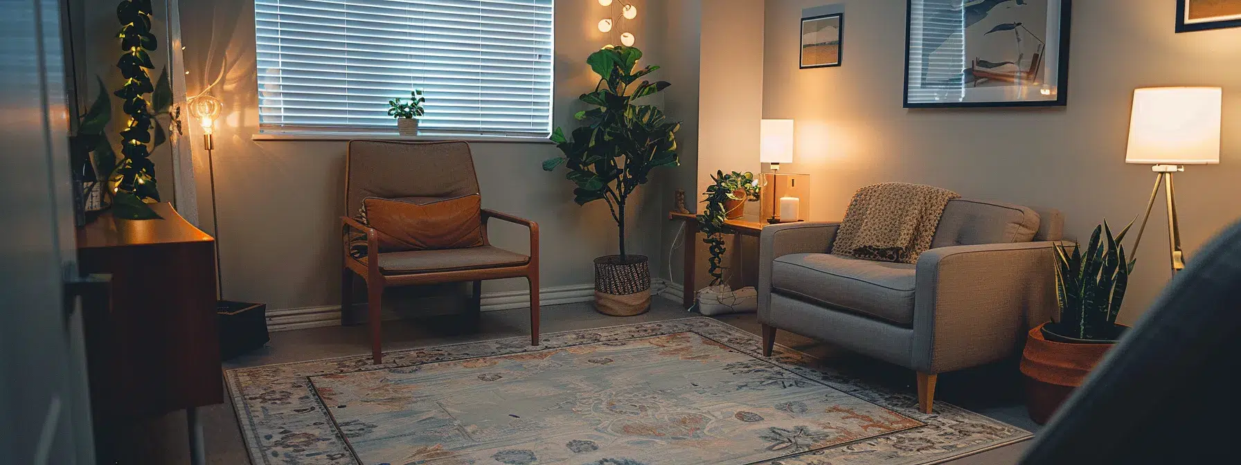 mental health clinic for your needs. a cozy yet modern therapy office, filled with warm lighting and comfortable furnishings, portrays a serene environment where clients share uplifting stories of personal growth and mental wellness with a compassionate therapist.
