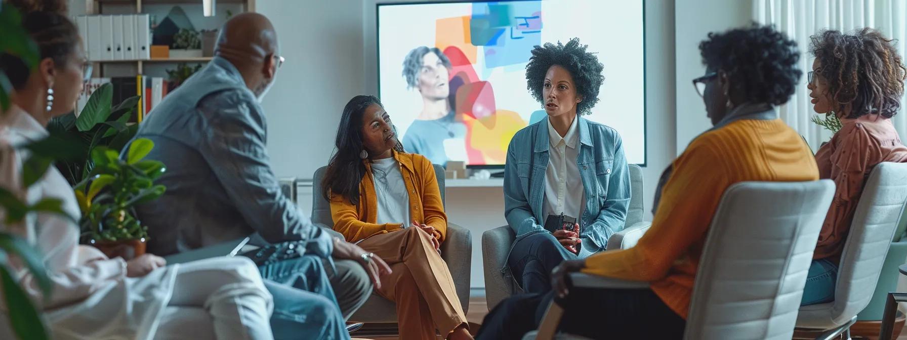 a dynamic therapy session unfolds in a modern office space, where a diverse group of individuals engages in a guided discussion, sharing their experiences viewing treatment exposures on a screen while a therapist facilitates with visual aids that reinforce coping strategies.
