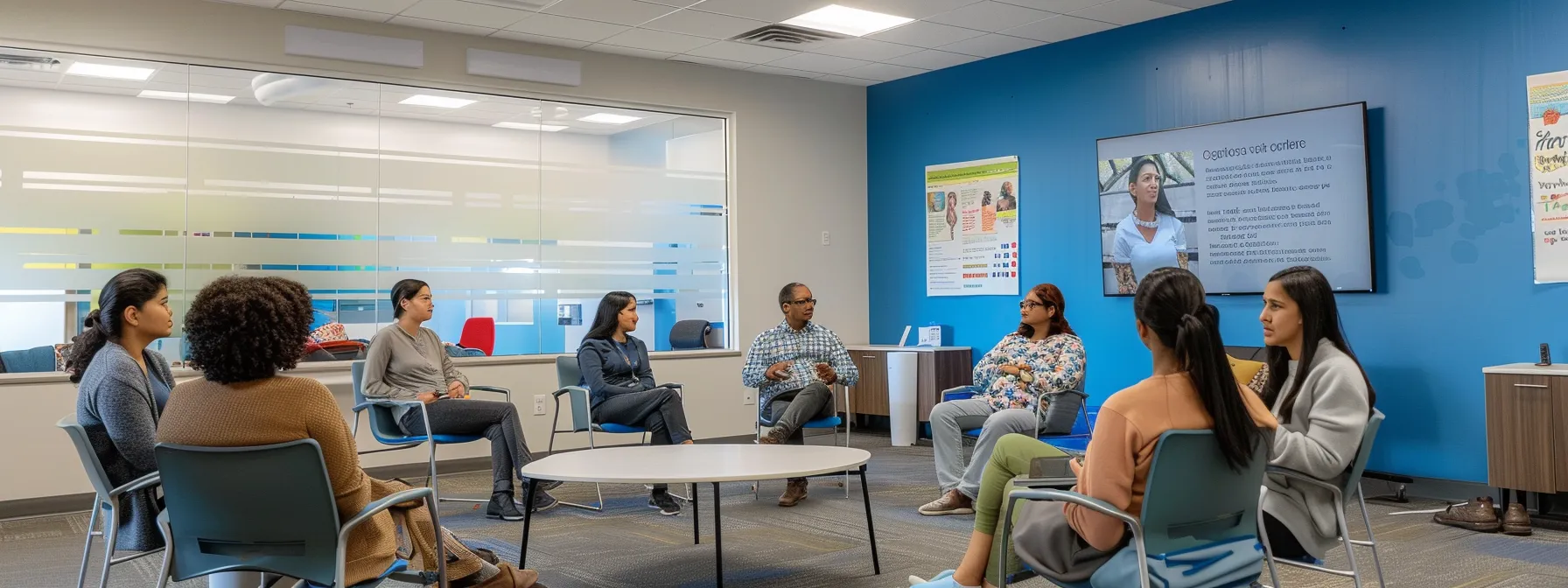 a focused group of diverse individuals sits in a modern therapy room, engaged in a dynamic discussion, with motivational quotes displayed on the walls, emphasizing their collaborative journey to overcome rehabilitation challenges.