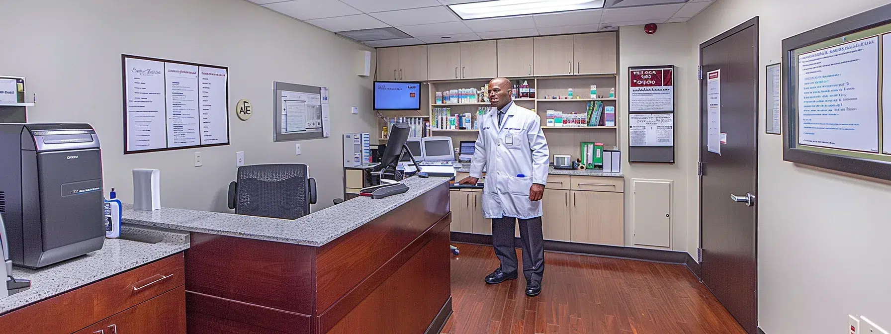 a focused medical office setting highlights a physician conducting a detailed assessment with a patient, featuring personalized treatment plans and evaluation charts prominently displayed on the desk, conveying the seriousness and professionalism of the rehab journey.