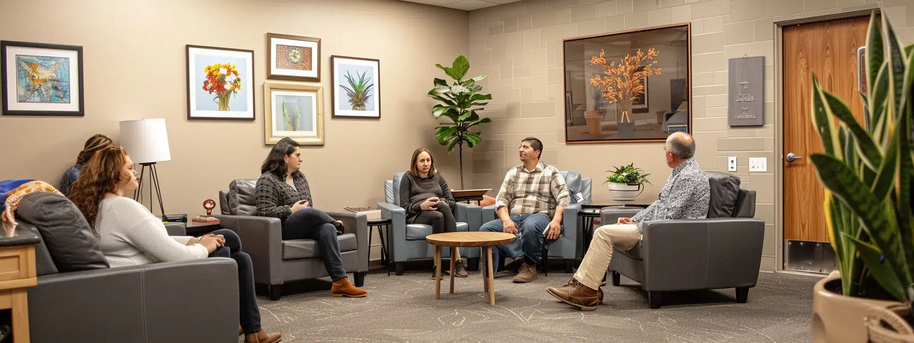 a focused, serene therapy room showcases a diverse group of individuals engaged in a professional counseling session, surrounded by calming decor and supportive materials, embodying the theme of overcoming recovery challenges with expert guidance.