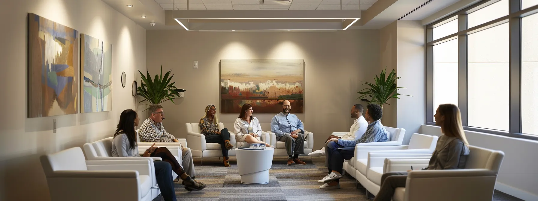 The Benefits of Choosing Professional Treatment Centers. a meticulously designed, modern treatment center interior showcases diverse individuals engaged in group therapy sessions, with compassionate healthcare professionals facilitating discussions in a warm and inviting space that emphasizes healing and support.