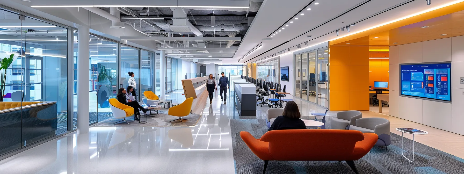 a modern, brightly-lit urban office setting features a diverse group of professionals engaged in a collaborative discussion about healthcare access, with digital data visualizations and telehealth technology prominently displayed to emphasize the importance of behavioral health outcomes.