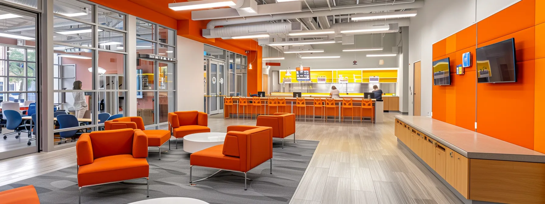a modern, brightly lit office space features a diverse group of individuals engaging with mental health service apps on sleek devices, emphasizing accessible resources and the importance of mental wellness in everyday life.