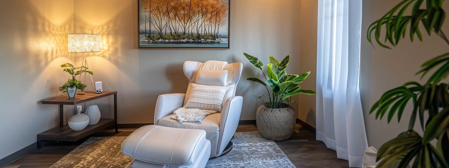 a modern, inviting therapy room features a plush armchair and a warm, ambient lighting setup, highlighting a serene atmosphere conducive to mental health discussions and emotional support.