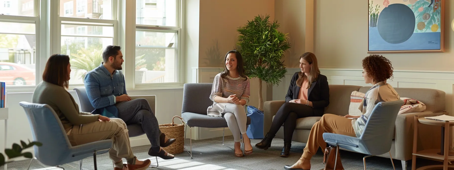 a modern mental health clinic interior features a warmly lit, spacious therapy room with comfortable seating arrangements, showcasing diverse individuals engaging in meaningful group discussions and counselors facilitating supportive dialogues.