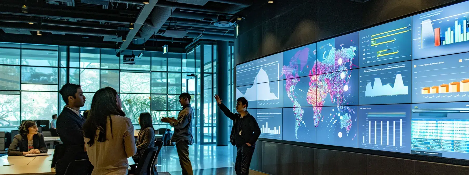 a modern office environment showcases a diverse group of professionals engaged in a dynamic discussion around a table, with graphs and charts highlighting disparities in socioeconomic status and their direct effects on mental health outcomes displayed prominently on digital screens.
