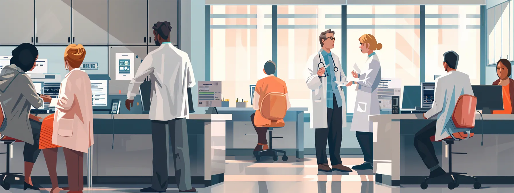 a modern, well-lit primary care office showcases a diverse group of healthcare professionals engaging with patients in thoughtful conversation, surrounded by digital health records on sleek, contemporary desks.