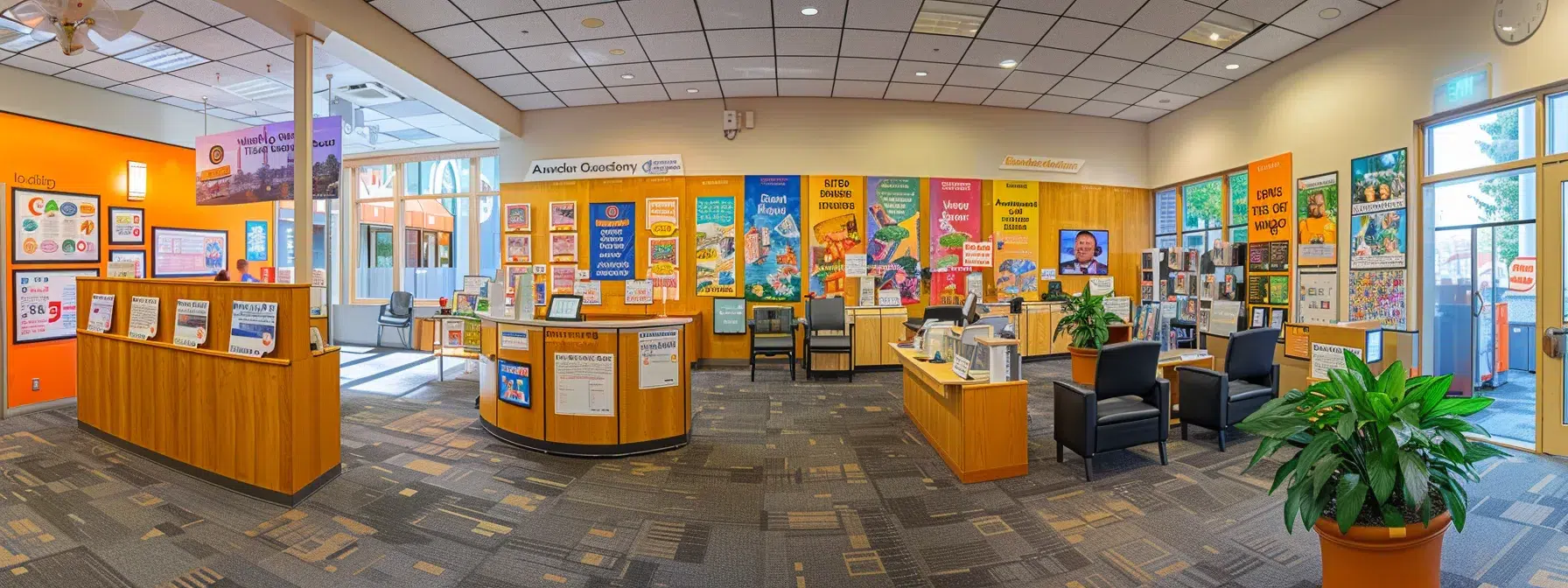 a modern, well-lit treatment center reception area showcases colorful informational displays and community event posters, emphasizing a welcoming atmosphere that highlights accessible resources and support for recovery.
