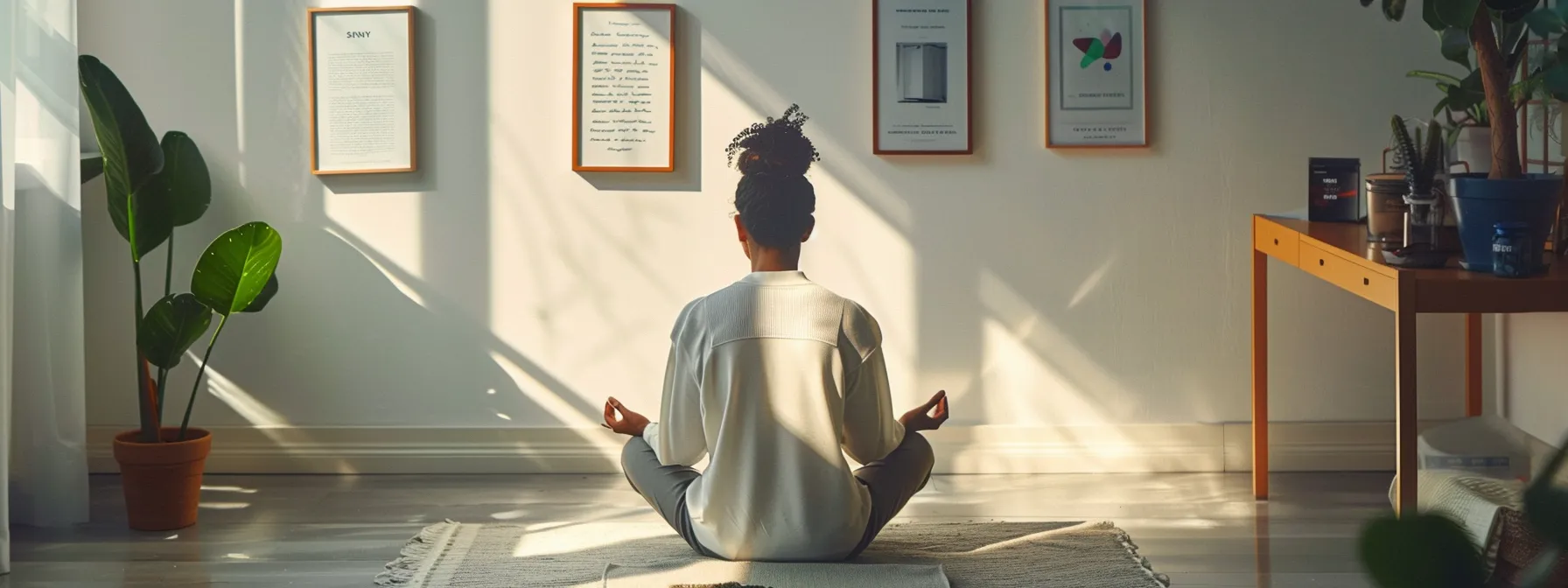 vital mental health services. a serene office space showcases a thoughtful individual meditating with a journal and a cup of herbal tea on a sleek desk, surrounded by inspirational quotes on a blank wall, symbolizing the importance of incorporating mindfulness and self-care routines for ongoing mental health support.
