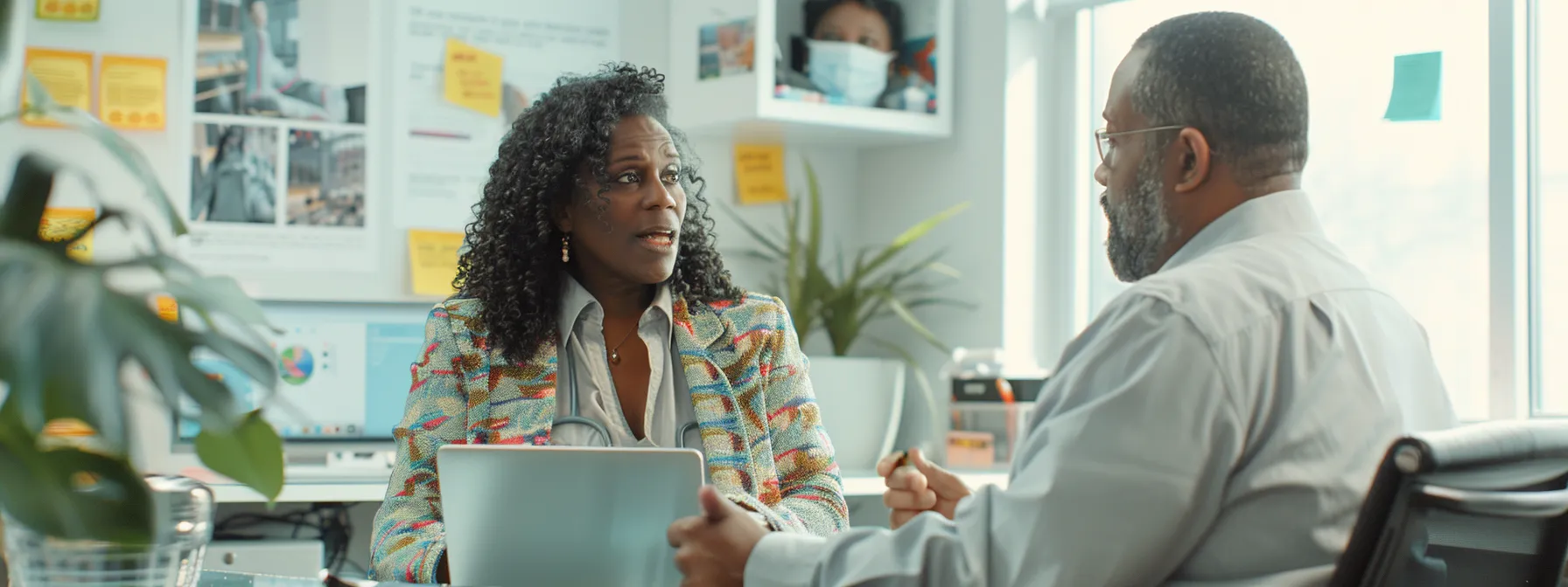 a sleek, modern office setting featuring a diverse group of professionals engaged in a collaborative discussion over a laptop, surrounded by informative posters on mental health and well-being, emphasizing the importance of choosing the right mental health provider.
