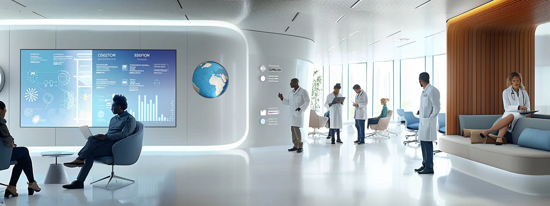 a sleek, modern office setting features a diverse group of professionals engaged in a focused discussion around a digital presentation, showcasing vibrant infographics that convey treatment options and facility evaluations for informed decision-making.