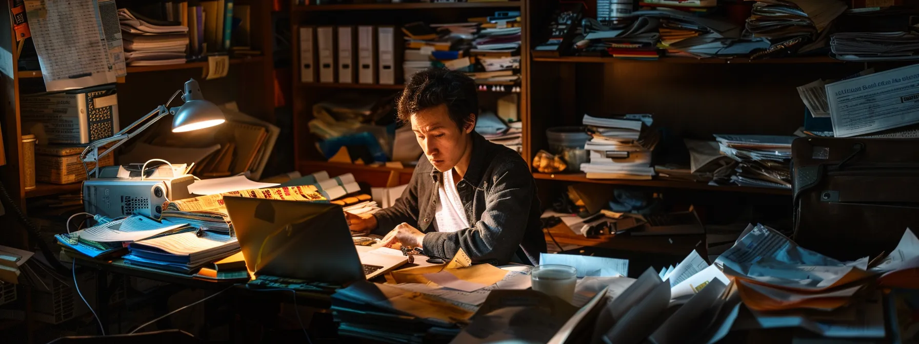 a thoughtful individual sits at a cluttered desk in a dimly lit office, surrounded by scattered papers and an open laptop, exuding an atmosphere of emotional turmoil as they contemplate their mental health and the signs that indicate a need for support.