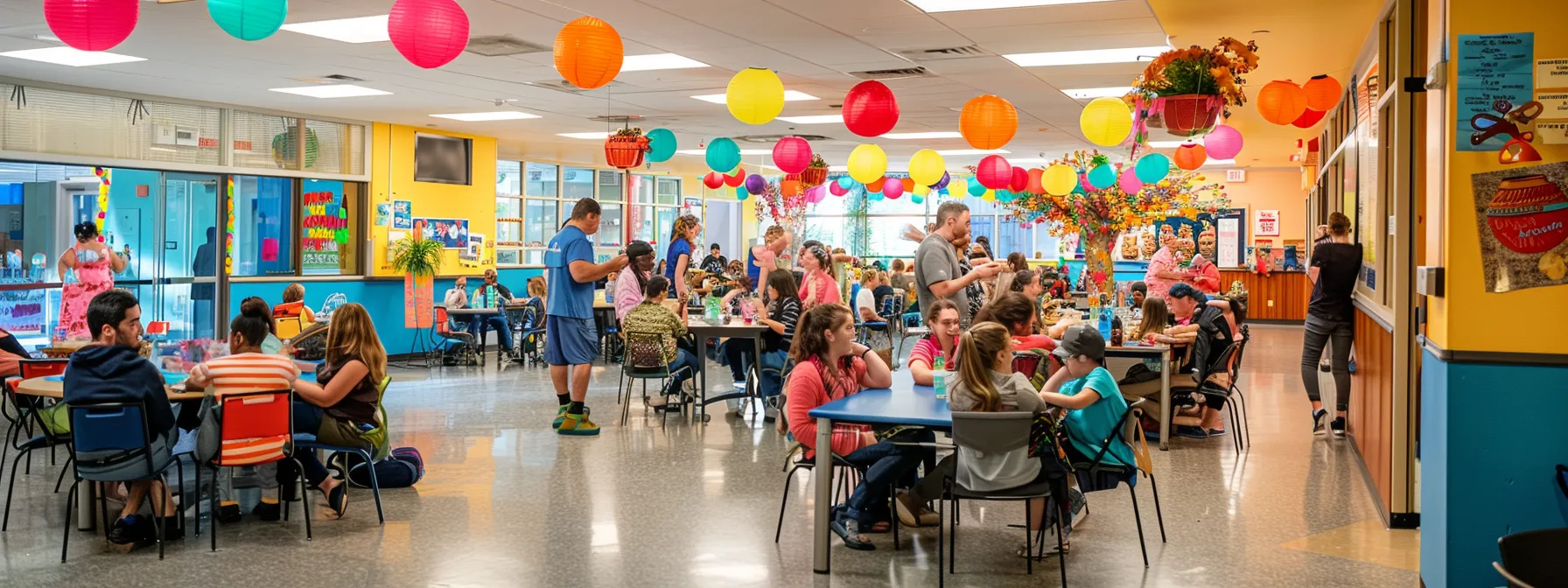 successful treatment rehab plans. a vibrant and inspiring indoor celebration takes place in a modern rehabilitation center, where individuals engage joyfully in sharing their recovery milestones, surrounded by motivational banners and supportive peers.