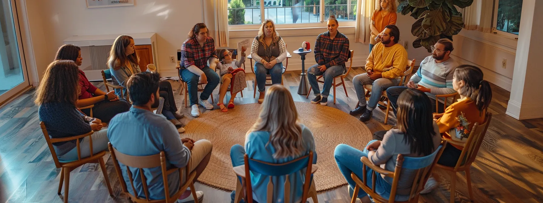 a vibrant, contemporary treatment center features a diverse group of individuals engaged in a supportive circle, sharing experiences and fostering connections under warm, inviting lighting to emphasize the camaraderie essential for recovery.