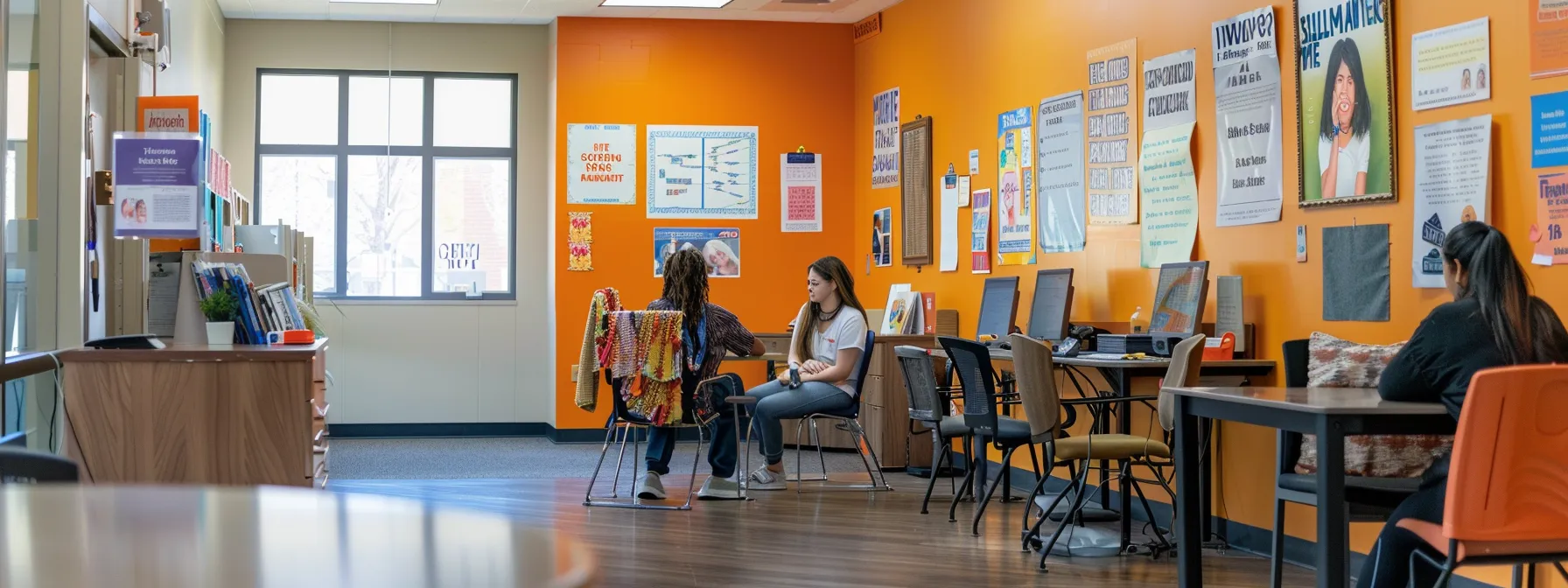 a vibrant school counseling office featuring a warm, inviting atmosphere with professional counselors engaged in supportive discussions with students, complemented by thoughtful posters promoting mental health awareness on the walls.