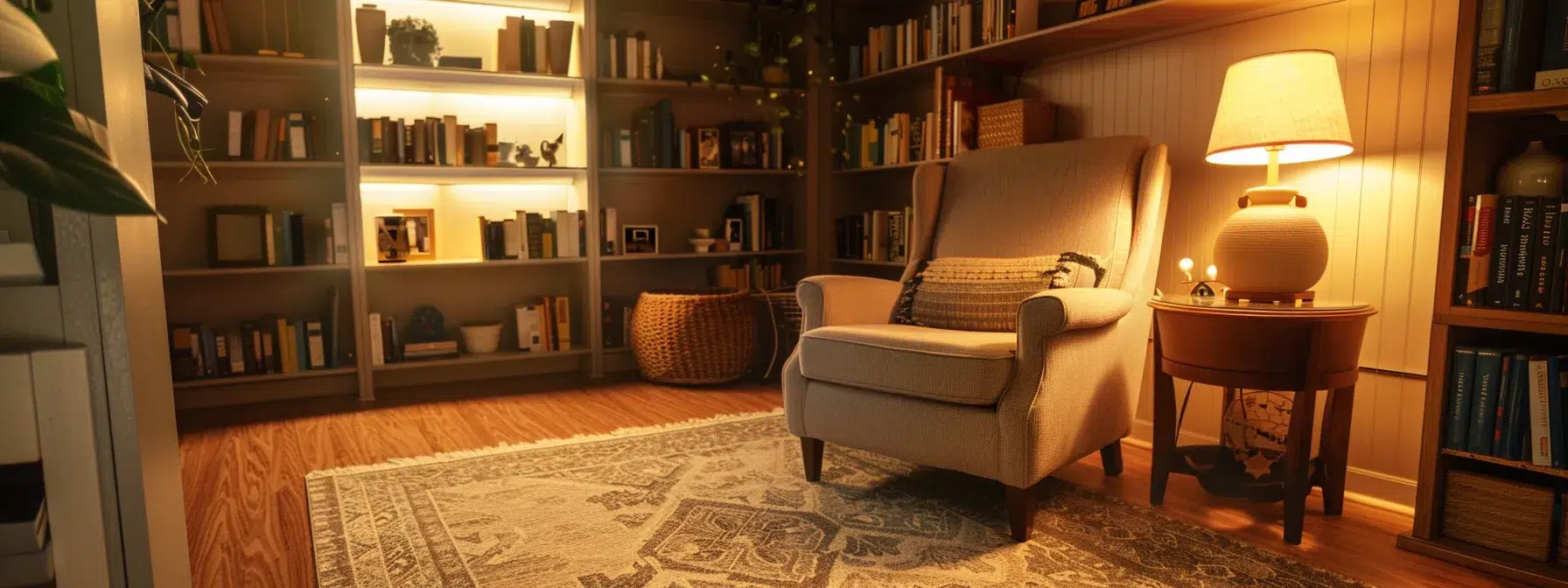 a warm, inviting counseling office featuring a cozy armchair, a soft rug, and shelves lined with books, illuminated by gentle, ambient lighting, symbolizing a safe space for mental health support and professional guidance.