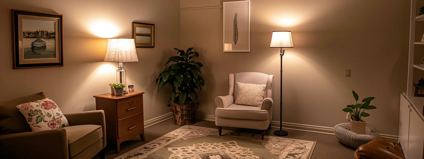 a warm, inviting counseling office with a comfortable armchair, soft lighting, and a serene backdrop that evokes a sense of safety and confidentiality for clients beginning their therapeutic journey.