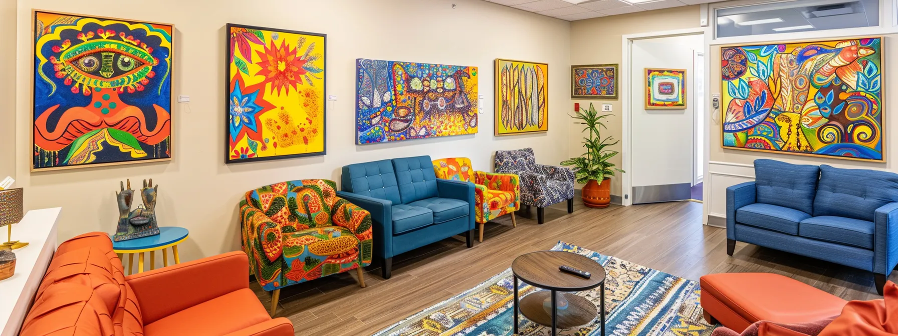 a welcoming interior of a local mental health clinic, featuring comfortable seating and vibrant artwork on the walls, where a diverse group of individuals engages in a collaborative therapy session, emphasizing community support and accessible care.