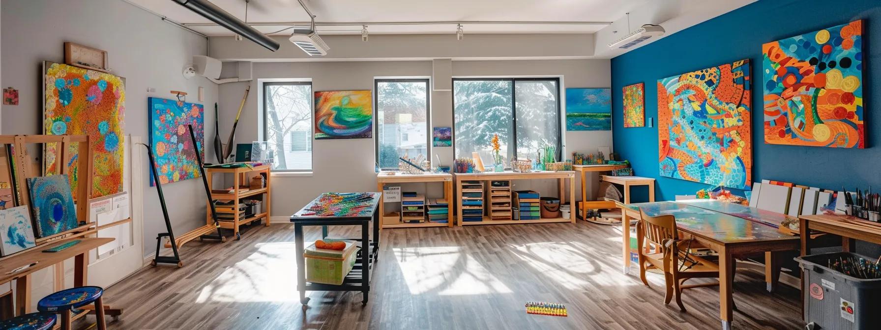 a serene, intimate art therapy studio adorned with vibrant abstract paintings, where diverse individuals engage in expressive therapies, conveying deep emotions through colorful canvases, sculpting materials, and musical instruments in a warm, softly lit atmosphere.