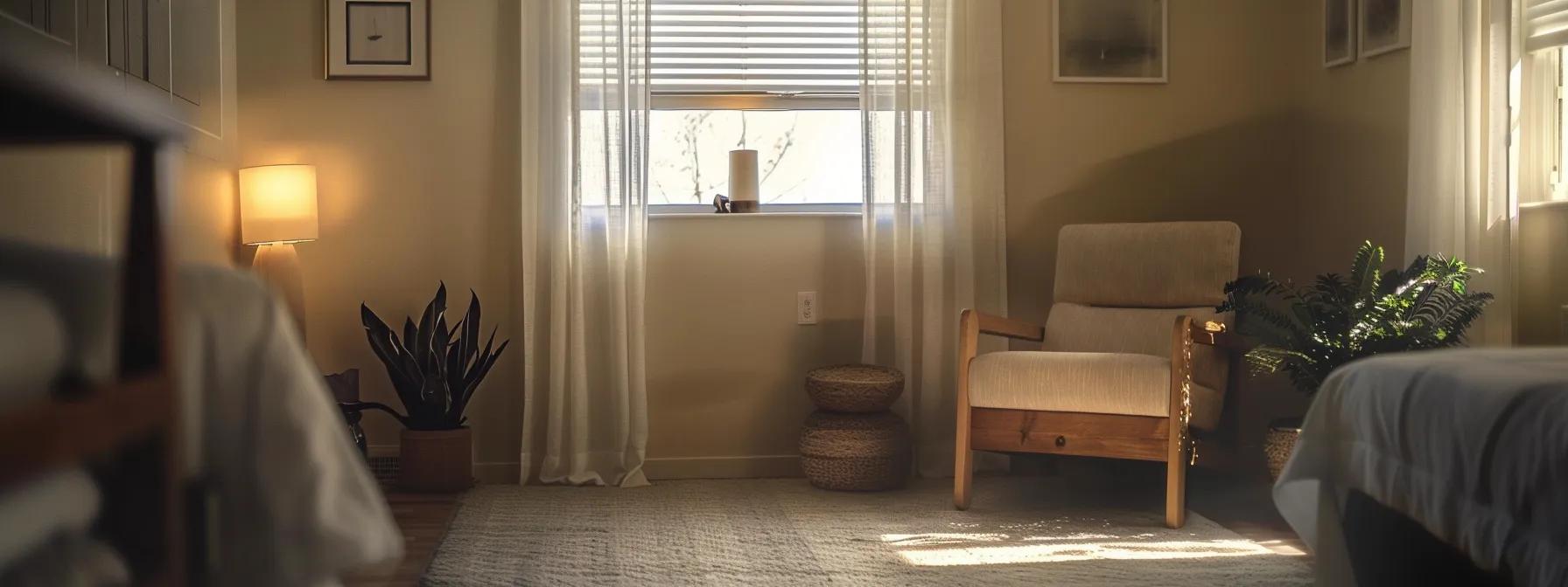 a serene therapy room featuring a comfortable armchair and thoughtful decor, conveying a sense of safety and introspection, as a therapist guides a client through cognitive behavioral techniques to address trauma.
