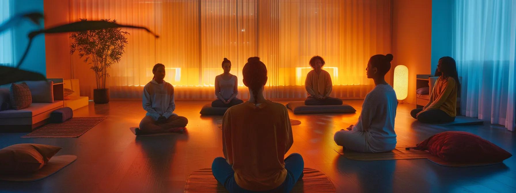 a serene therapy room with warm lighting and comfortable seating, where a diverse group of individuals sit in contemplative silence, practicing mindfulness techniques, embodying a sense of calm and connection in their healing journey.